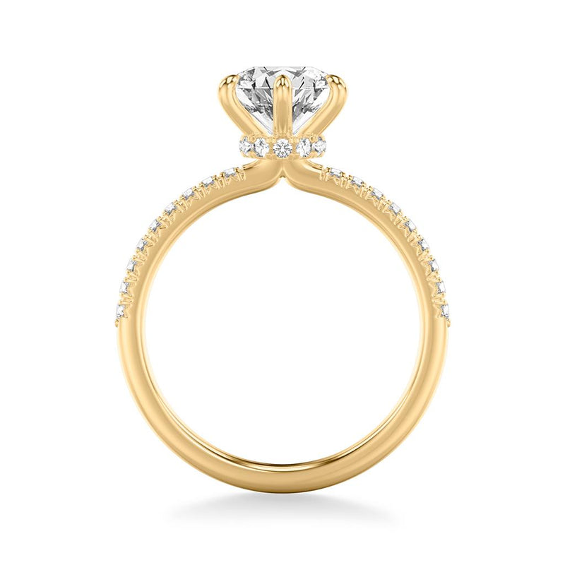 Side View Classic Diamond Six Prong Engagement Ring with Diamond Collar and Round Diamond Shank in Yellow Gold 