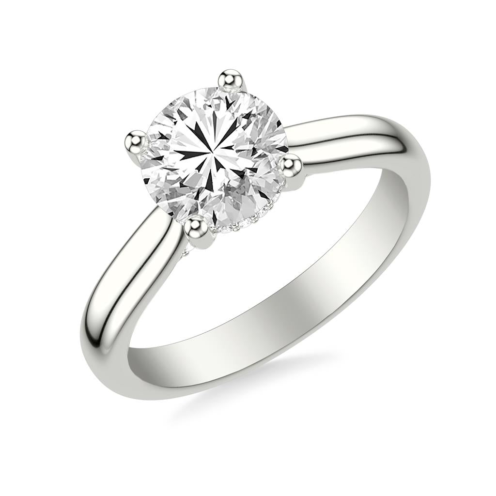 Angle view of Classic Solitaire Engagement Ring with Hidden Halo and Diamond Bridge in White Gold