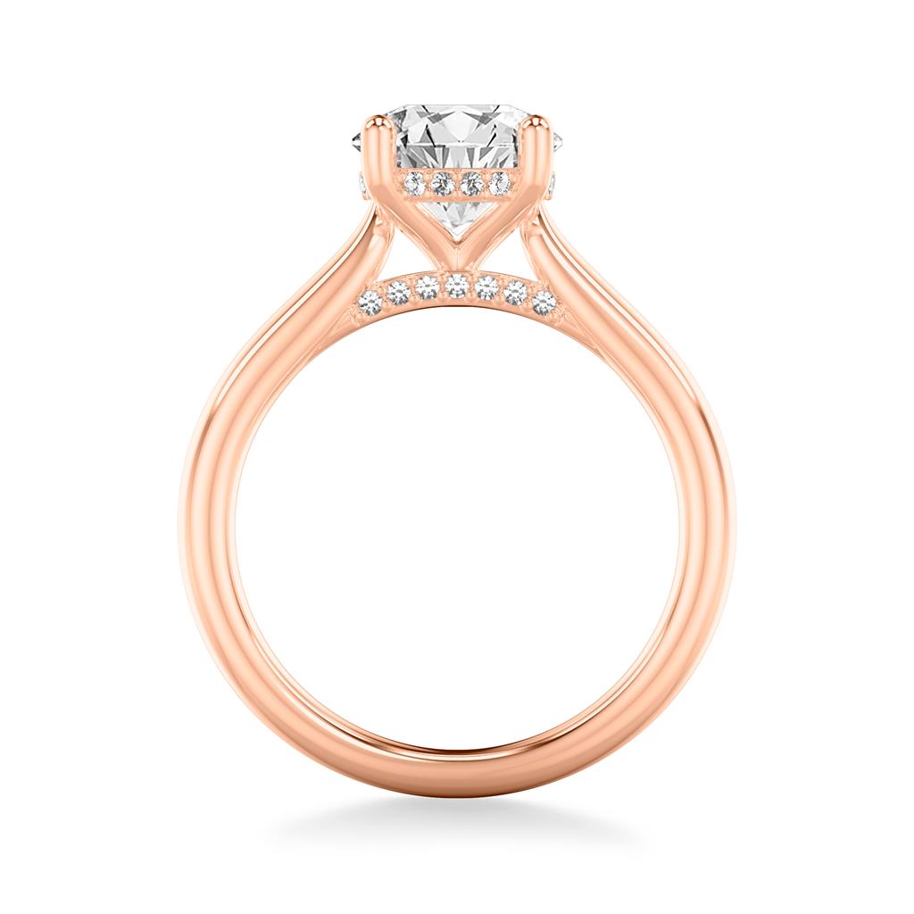 Side View of Classic Solitaire Engagement Ring with Hidden Halo and Diamond Bridge in Rose Gold