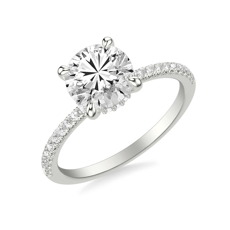 White Gold Classic Engagement Ring with Hidden Halo and Claw Prongs with Diamond Shank