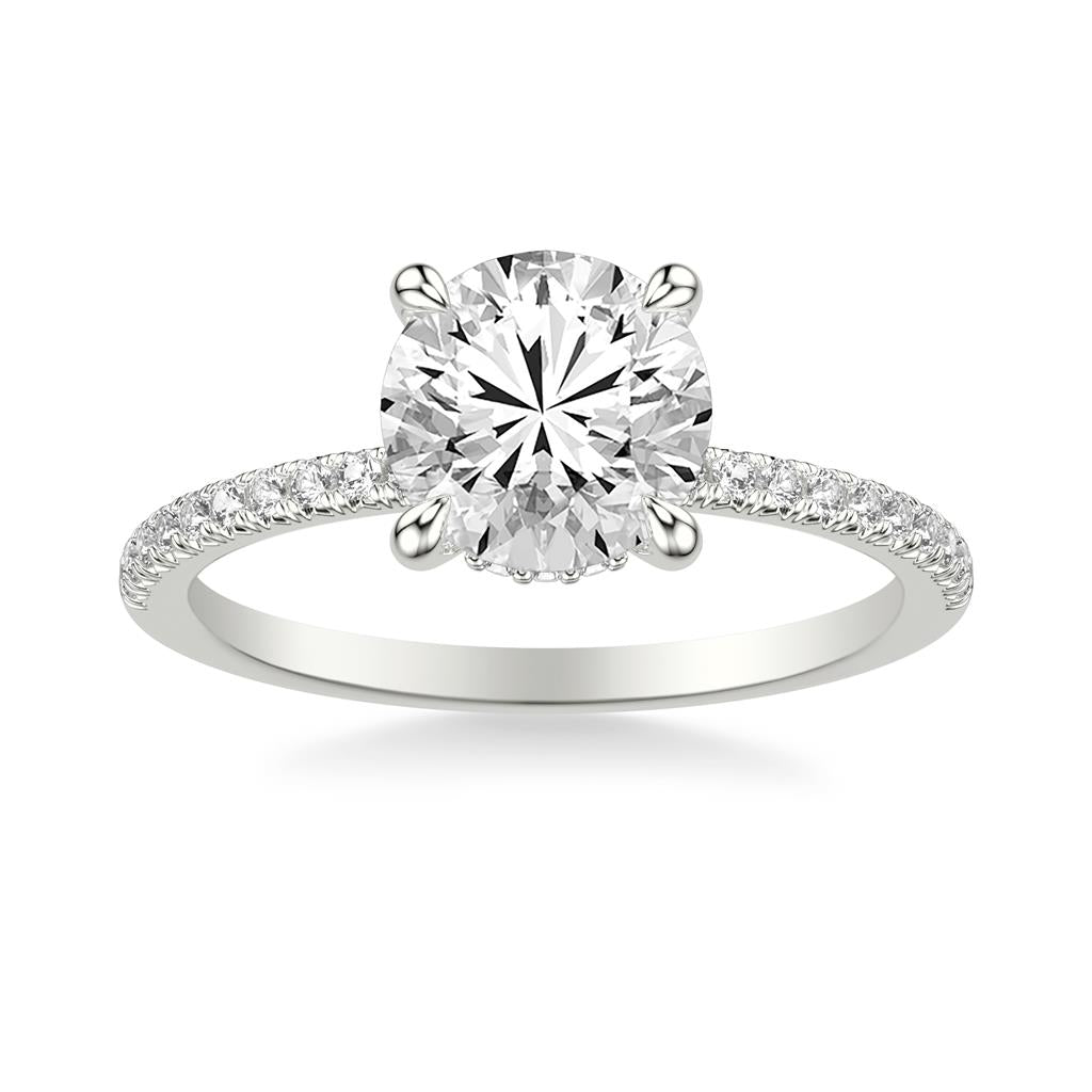 White Gold Classic Engagement Ring with Hidden Halo and Claw Prongs with Diamond Shank