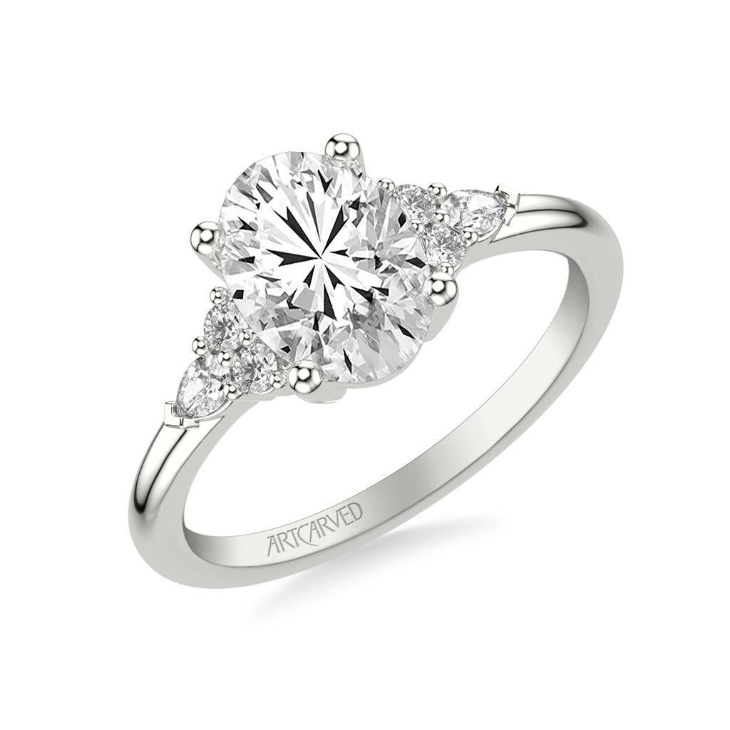 Angle View Classic Engagement Ring with a Cluster of Round and Pear Diamond Side Stones and Polished Shank
