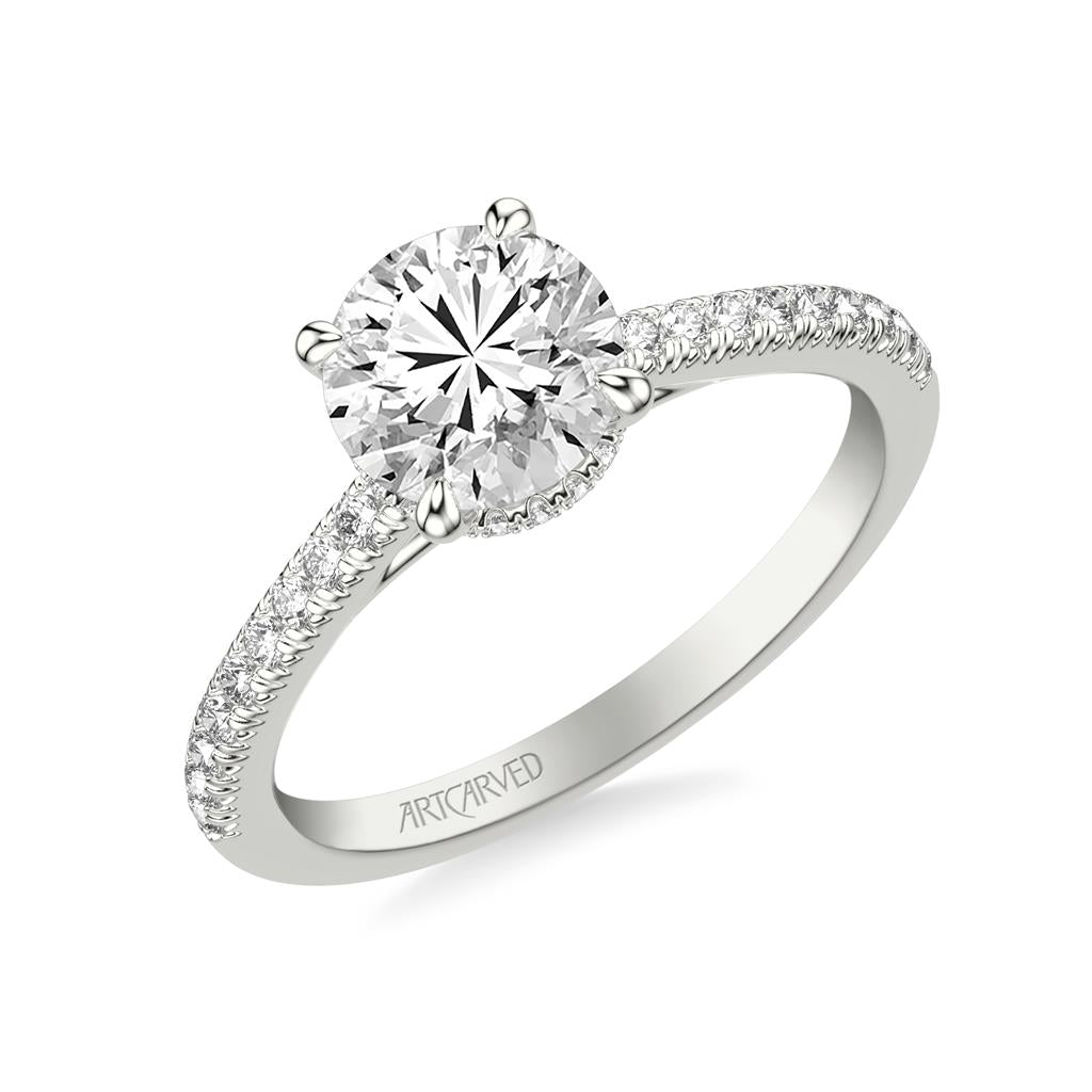 Angle View Diamond Engagement Ring with Floating Hidden Halo and Diamond Shank