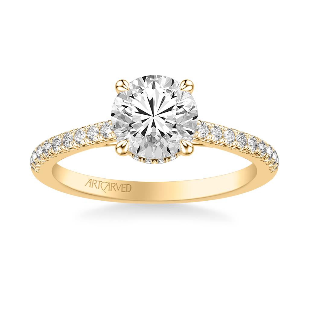 Flat View of Yellow Gold Diamond Engagement Ring with Floating Hidden Halo and Diamond Shank