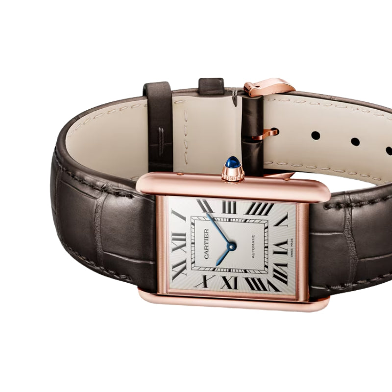 Angled view of rose gold Cartier automatic watch.