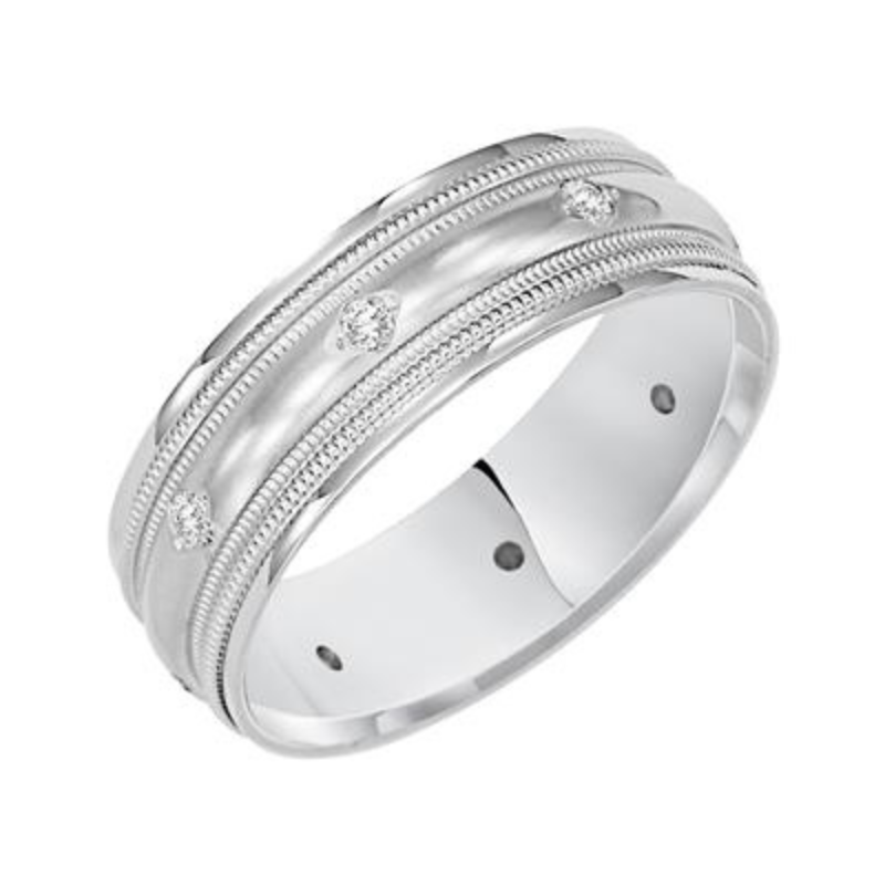 Tilted View Of Low Dome Round Edge Diamond Wedding Band.