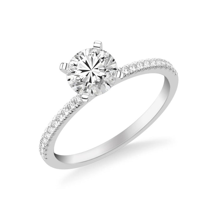 Tilted View Of Round Classic Solitaire Engagement Ring with Diamond Shank.