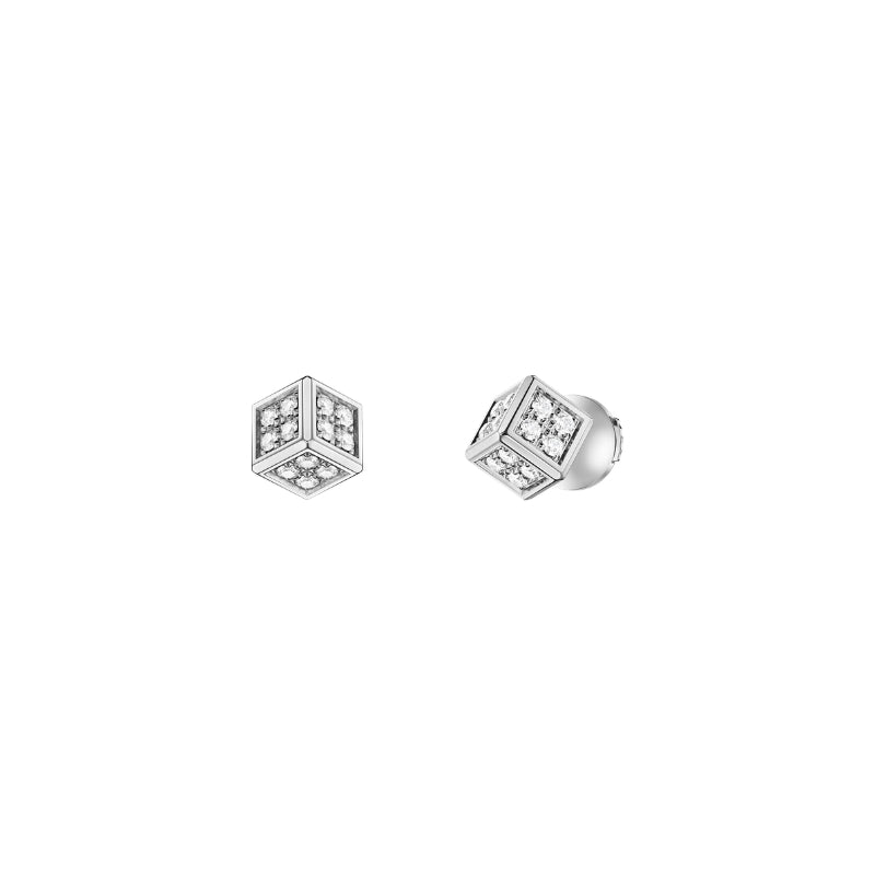 Full View Of Chopard Ice Cube Be Cube Earrings, ethical white gold, diamonds.