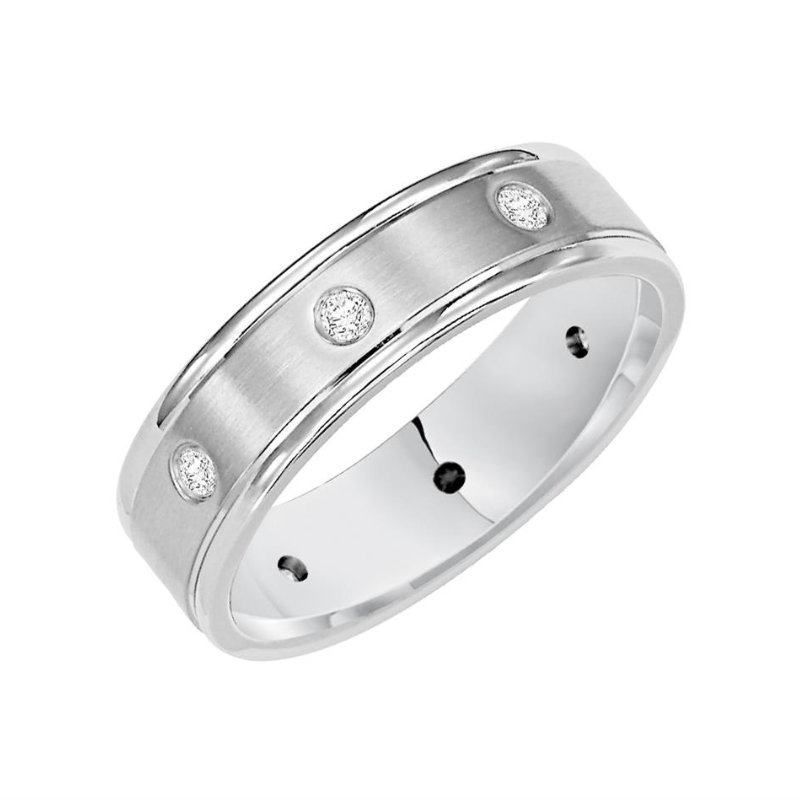 Tilted View Of Flat Round Edge Carved Wedding Band.