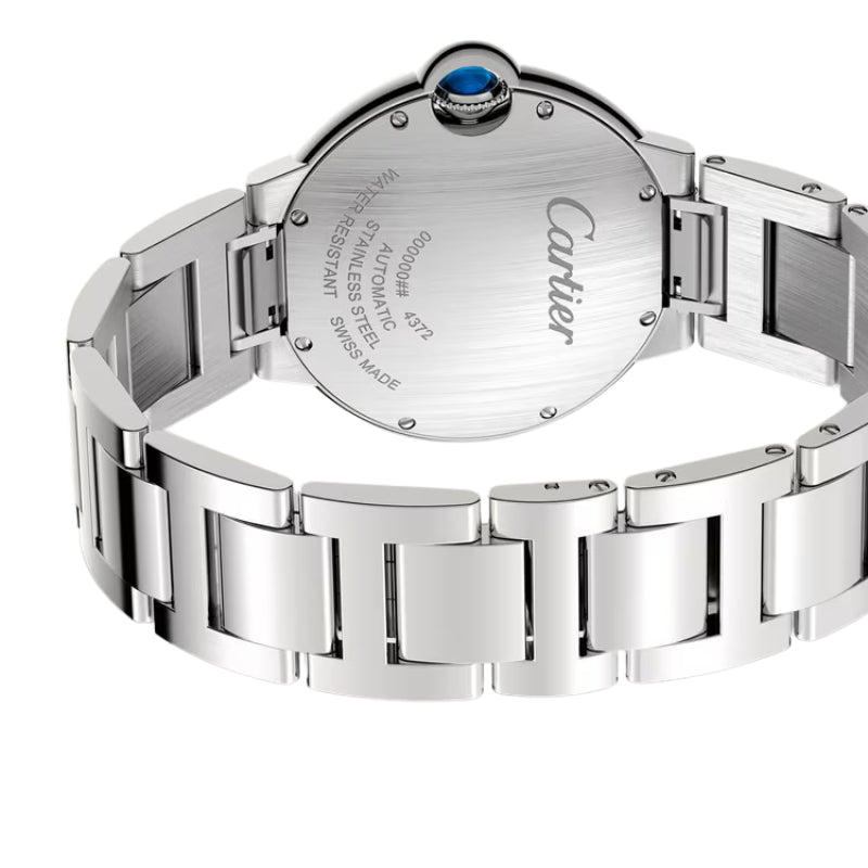 Back view of stainless steel watch and band.