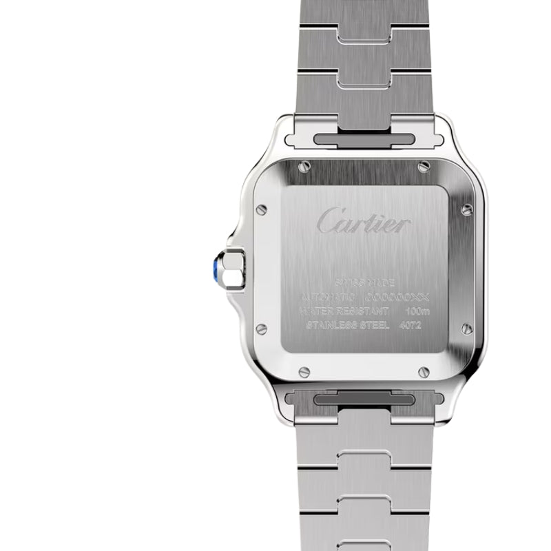 Brushed metal back of watch with serial numbers.