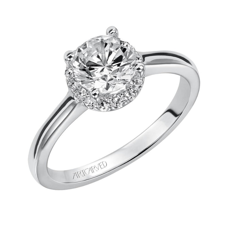 Tilted VIew Of Classic Halo Engagement Ring.