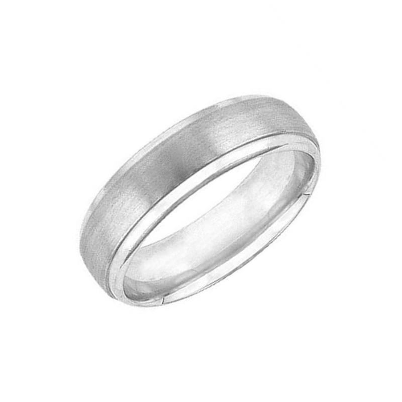 Tilted View Of Low Dome Roll Edge Carved Wedding Band.