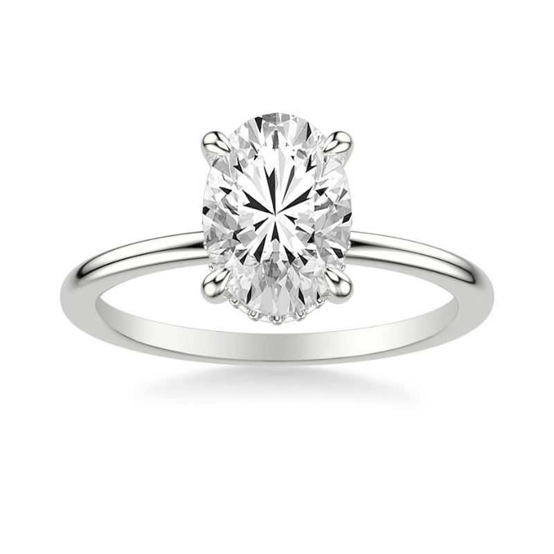 Front View Of Oval Classic Solitaire Engagement Ring Diamond Hidden Halo.