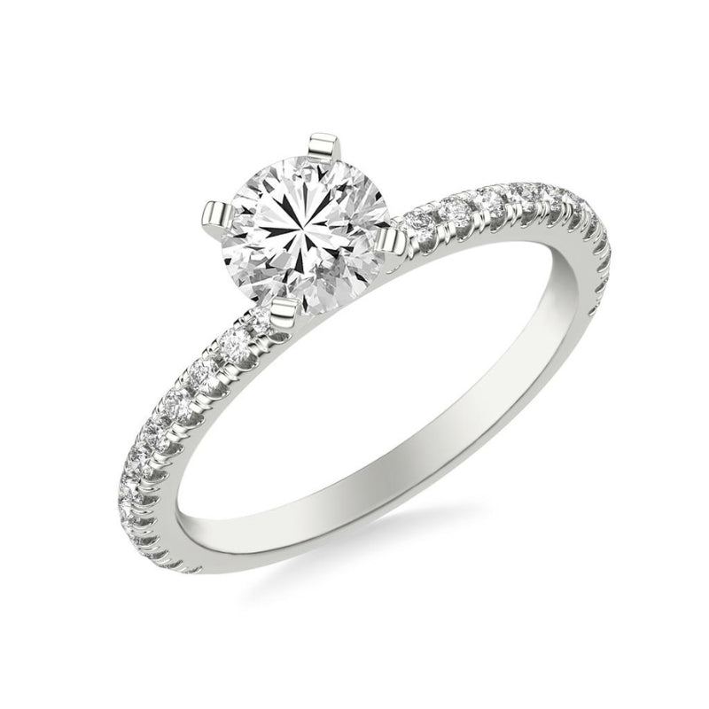 Tilted View Of Round Classic Engagement Ring with Diamonds.