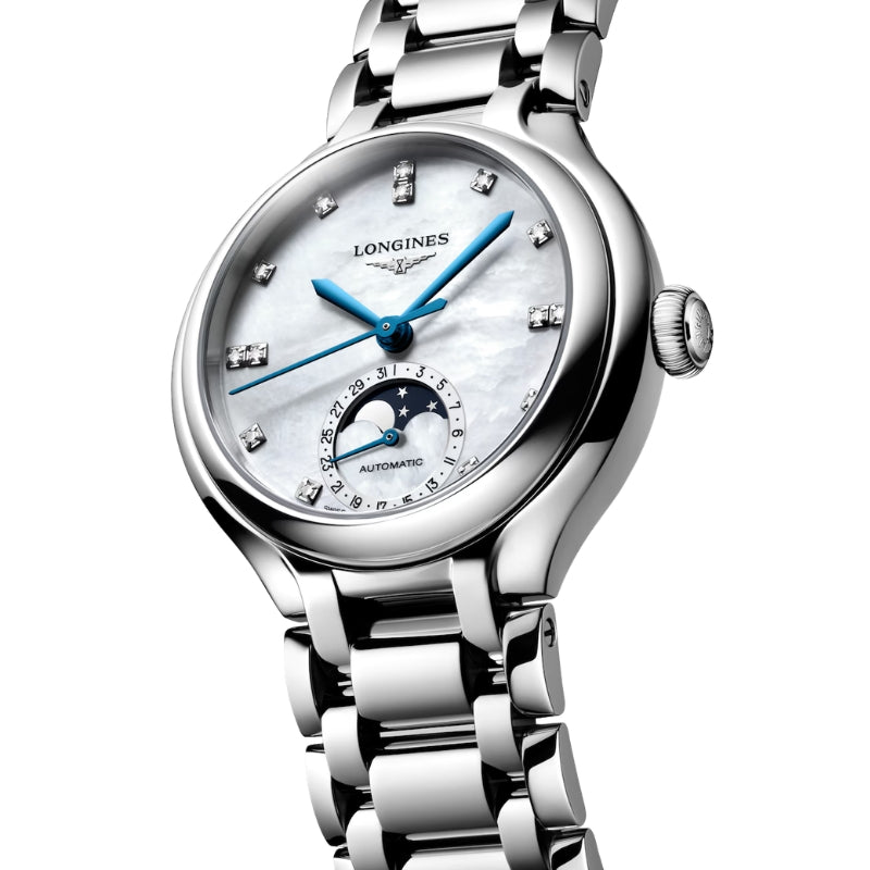 Front Side View Of Longines Primaluna Moonhase 34mm.
