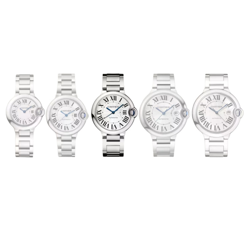 Five Cartier Ballon Bleu watches in different sizes.
