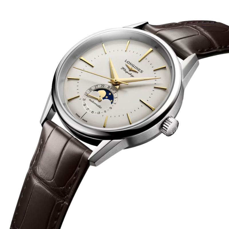 Front Dial View Of Longines Flagship Heritage Moonphase 38.5mm.