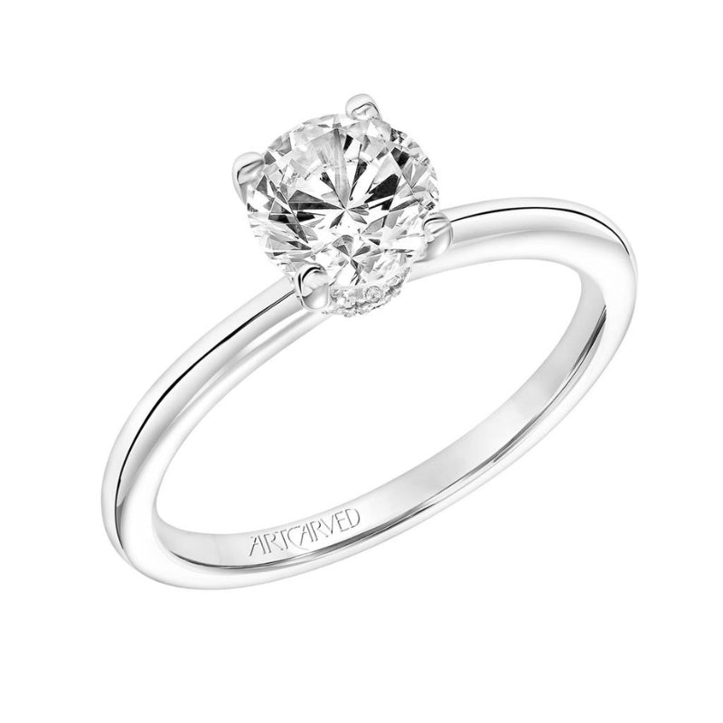 Tilted  View Of Classic Solitaire Engagement Ring with Diamond Collar.