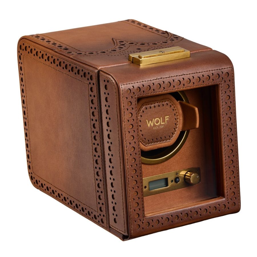 Side View Of Wolf 1834 Brogue Single Watch Winder Brown Leather.