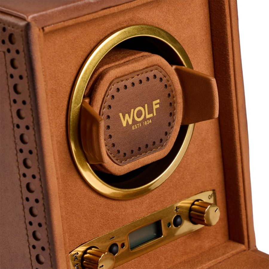 Closeup View Of Wolf 1834 Brogue Single Watch Winder Brown Leather.