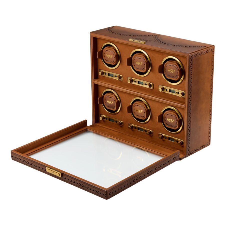 Side with open view of Wolf 1834 Brogue 6 Piece Watch Winder 440606