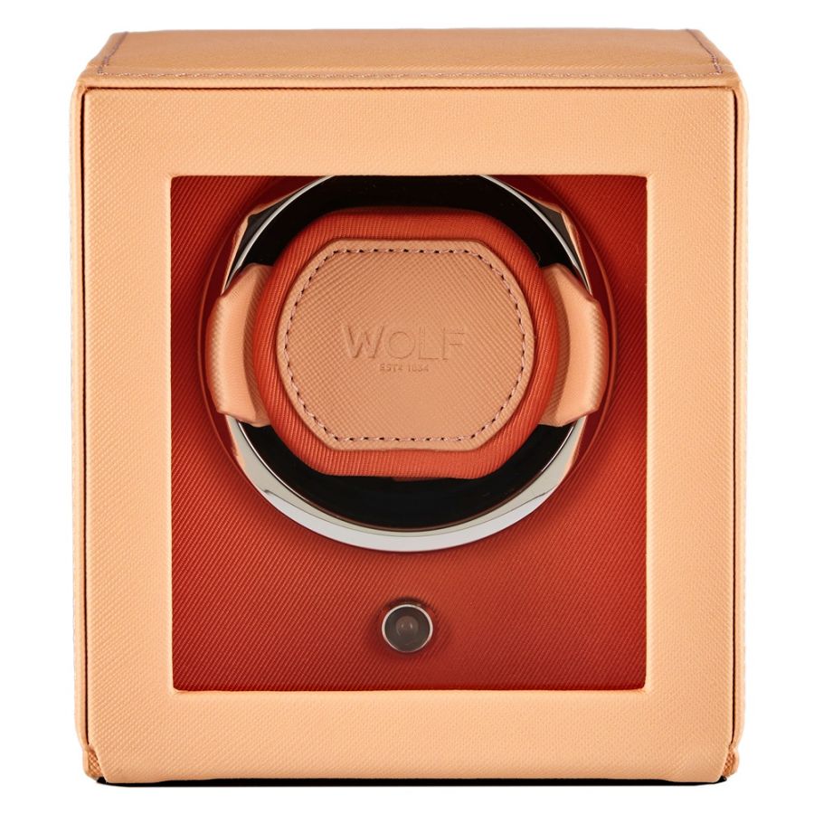 Front View Of Wolf 1834 Cub Single Watch Winder with Cover Orange.