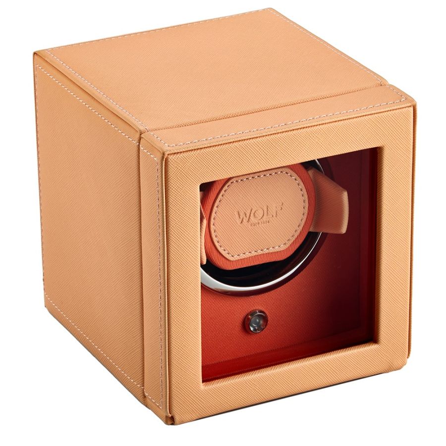 Side View Of Wolf 1834 Cub Single Watch Winder with Cover Orange.