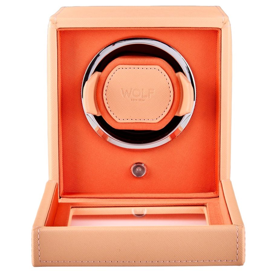 Open View Of Wolf 1834 Cub Single Watch Winder with Cover Orange.