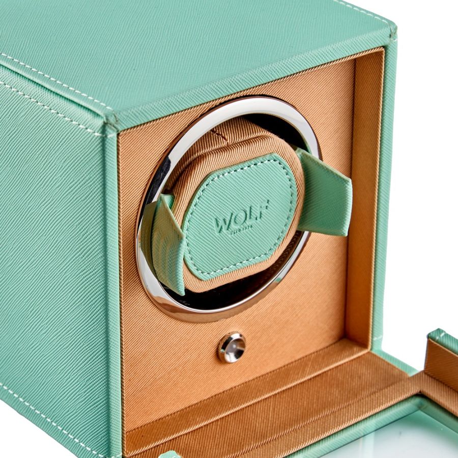 Closeup View Of Wolf 1834 Cub Single Watch Winder with Cover.