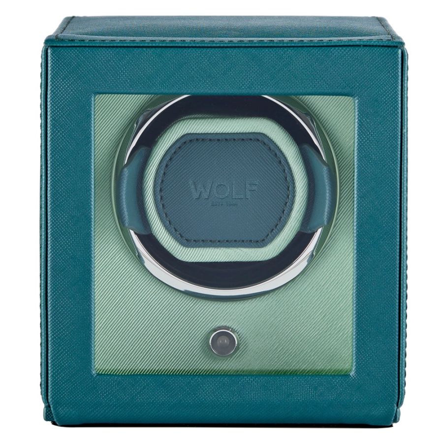 Front View Of Wolf 1834 Cub Single Watch Winder with Blue Cover.