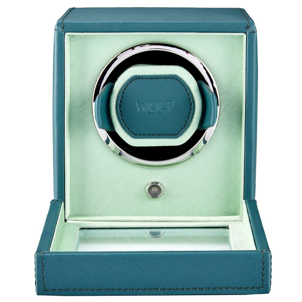 Open View Of Wolf 1834 Cub Single Watch Winder with Blue Cover.