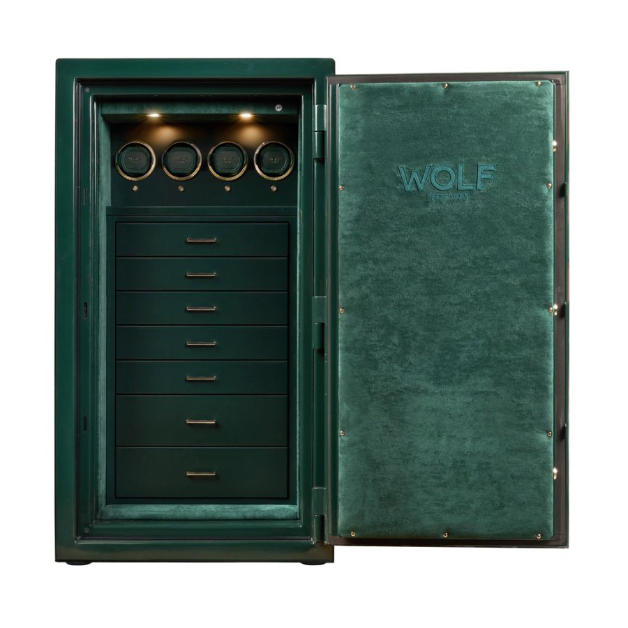 Front and open view of Wolf 1834 Atlas 4 Piece Winder Safe  490441 