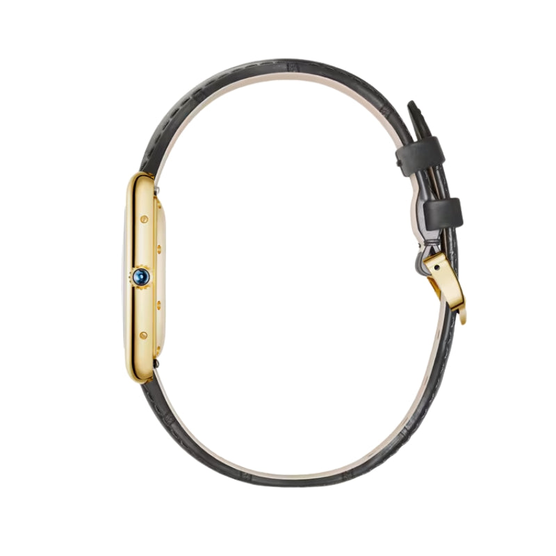 Side profile of Cartier watch with strap.