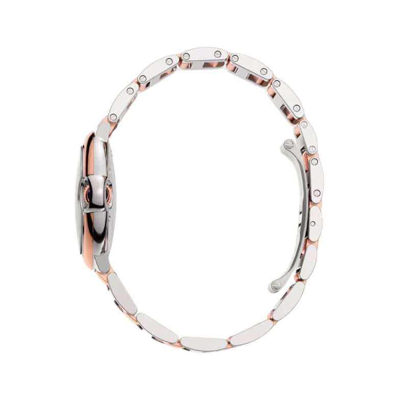 Side view of two-tone watch and link bracelet.