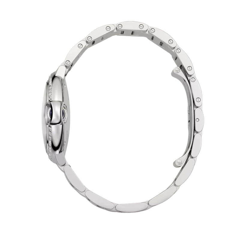 Side view of silver Cartier watch and bracelet.