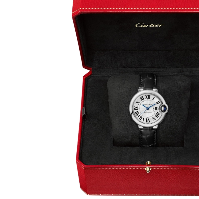Cartier watch with black leather strap in box.