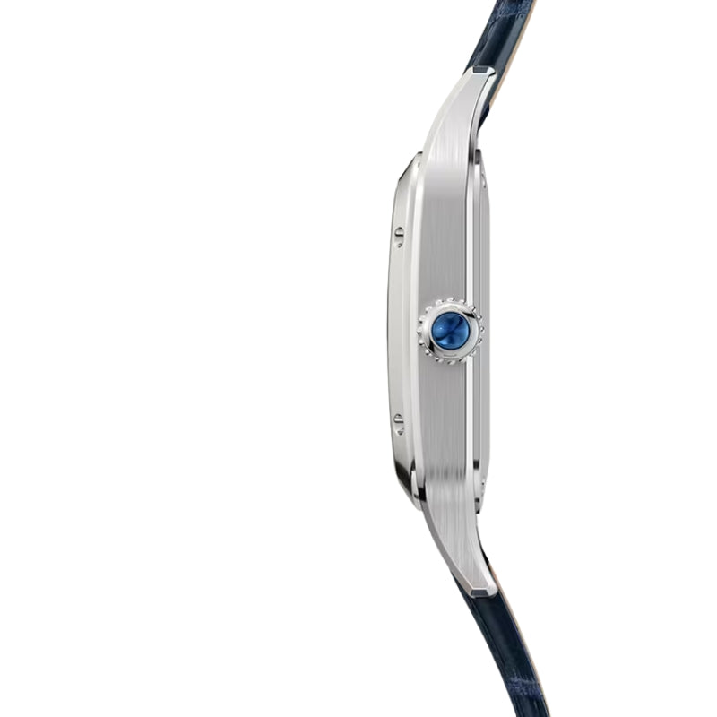 Angled view of Cartier watch with blue strap.