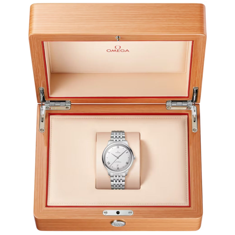 Box View Of Omega De Ville Prestige 40 mm, steel on steel.