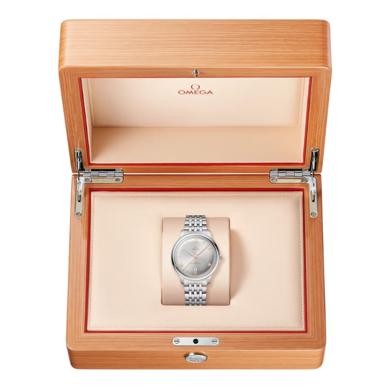Box View Of Omega De Ville Prestige 40 mm, steel on steel.