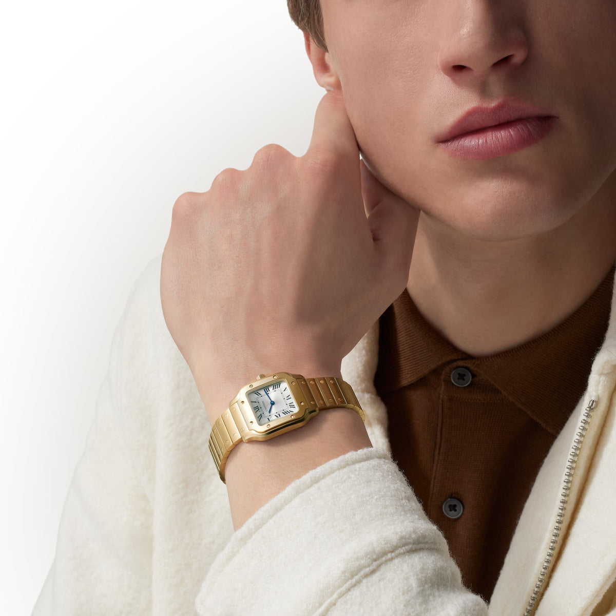 Cartier Santos 18k Yellow Gold Small WSSA0107 model wrist shot 2