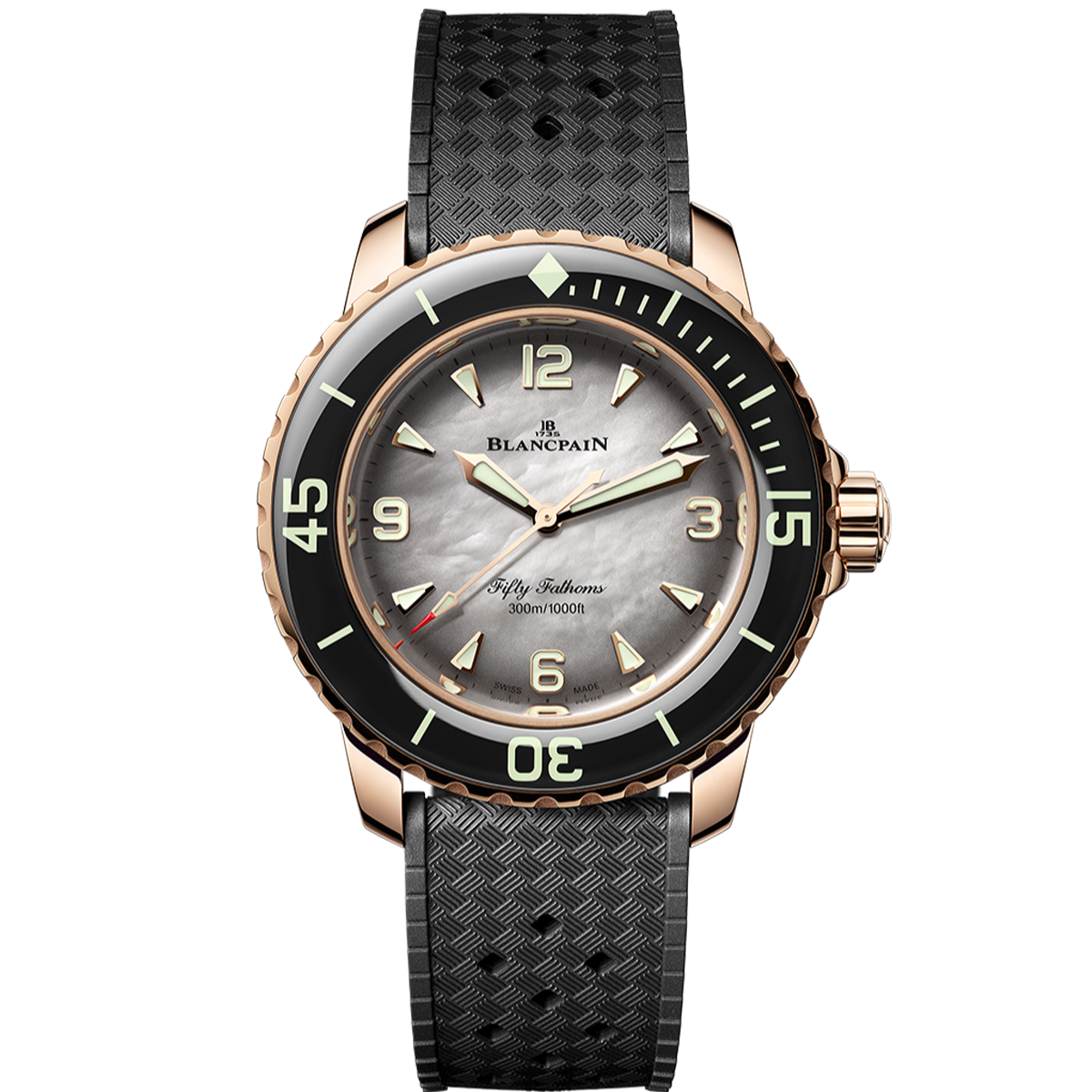 Blancpain Fifty Fathoms 38mm Red Gold Automatique White Mother of Pearl Dial soldier shot