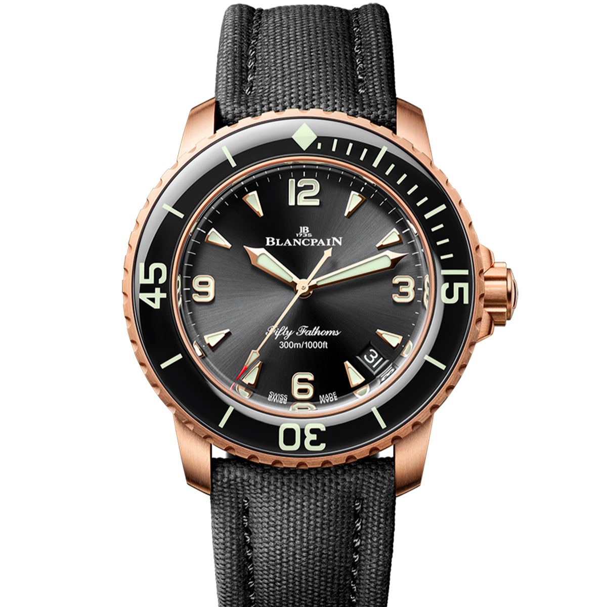 Blancpain Fifty Fathoms Automatique Rose Gold sailcloth Strap 42mm soldier shot