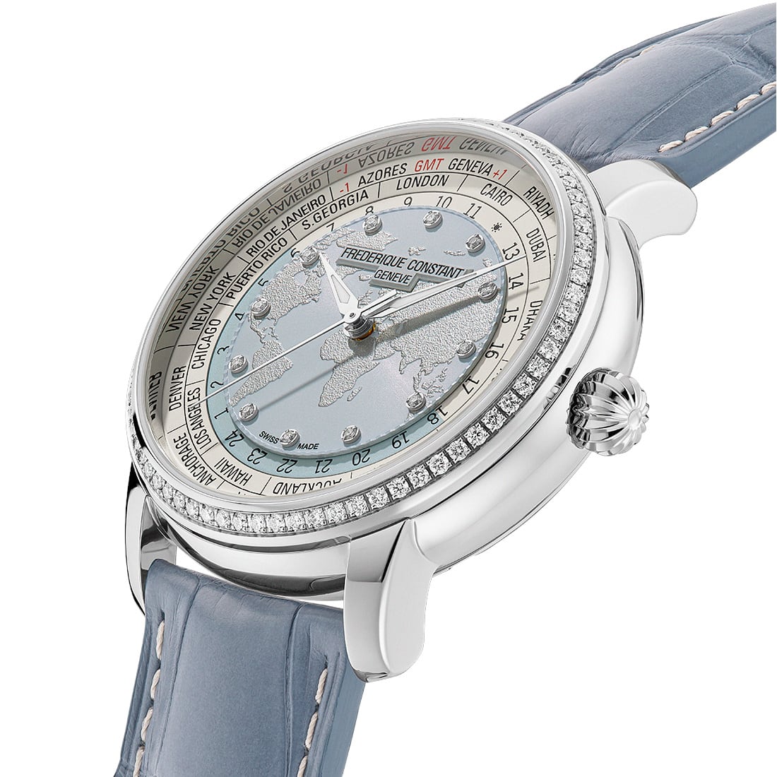 Frederique Constant Limited Edition Manufacture Classic Worldtimer Light Blue 40mm FC719LBWD3DH6 dial closeup angle