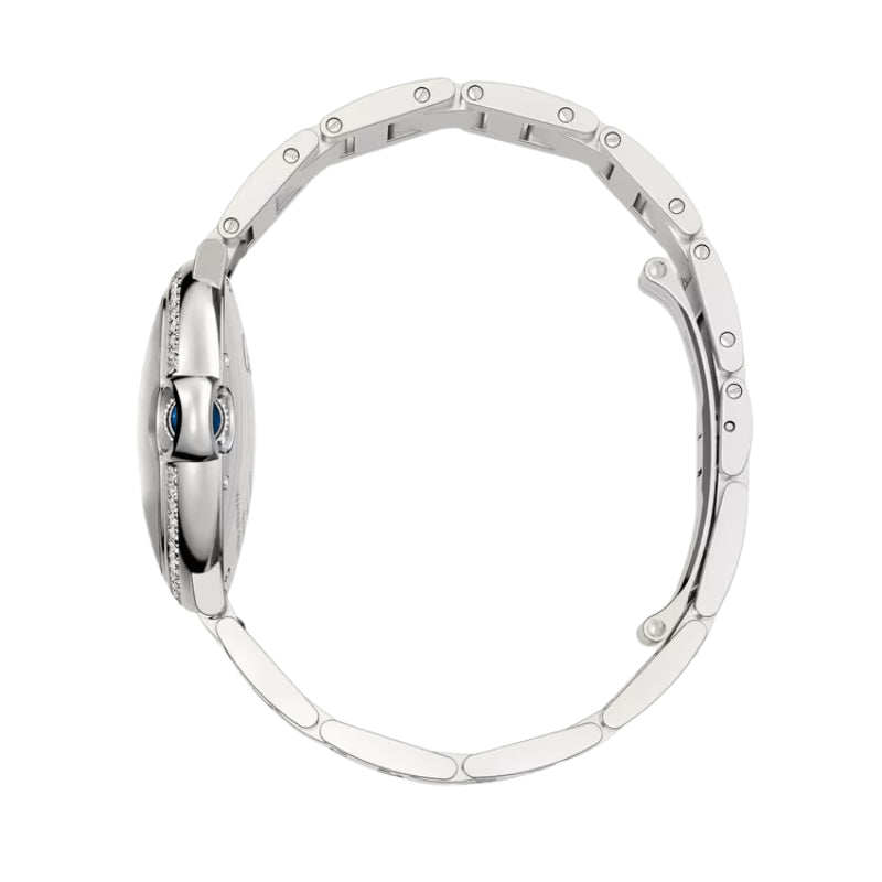 Side profile of silver watch and link bracelet.