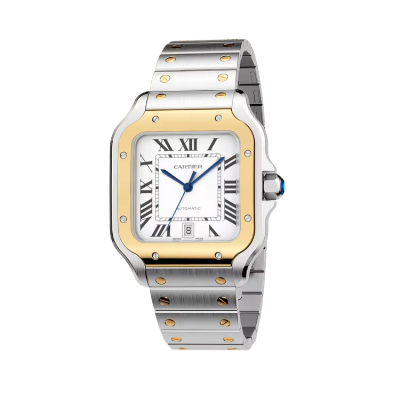 Front view of two-tone watch on white background.