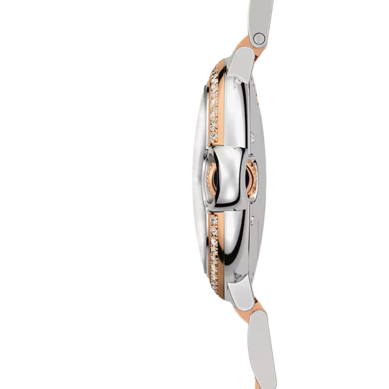 Side profile view of slim luxury wrist watch.
