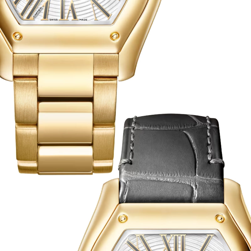 Close-up showing interchangeable gold bracelet and leather strap.