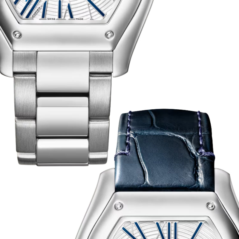 Two watch strap options including steel and rubber.