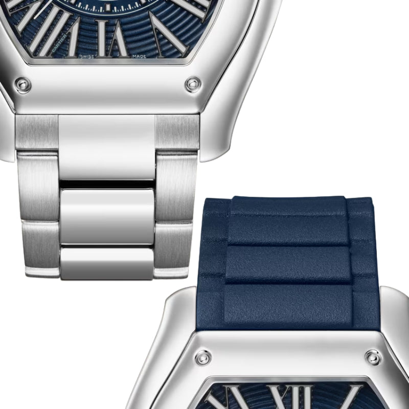 Two watch strap options including steel and rubber.